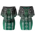 Aotearoa Maori Iwi Heritage Couples Matching Off Shoulder Short Dress and Long Sleeve Button Shirt Ngai Tahu Pounamu Green