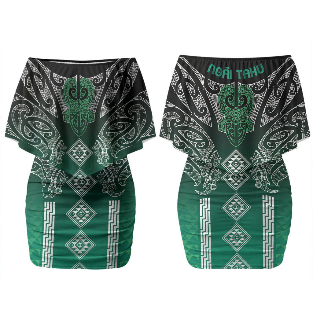 Aotearoa Maori Iwi Heritage Couples Matching Off Shoulder Short Dress and Long Sleeve Button Shirt Ngai Tahu Pounamu Green