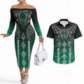 Aotearoa Maori Iwi Heritage Couples Matching Off The Shoulder Long Sleeve Dress and Hawaiian Shirt Ngai Tahu Pounamu Green