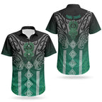Aotearoa Maori Iwi Heritage Couples Matching Off The Shoulder Long Sleeve Dress and Hawaiian Shirt Ngai Tahu Pounamu Green