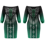 Aotearoa Maori Iwi Heritage Couples Matching Off The Shoulder Long Sleeve Dress and Hawaiian Shirt Ngai Tahu Pounamu Green