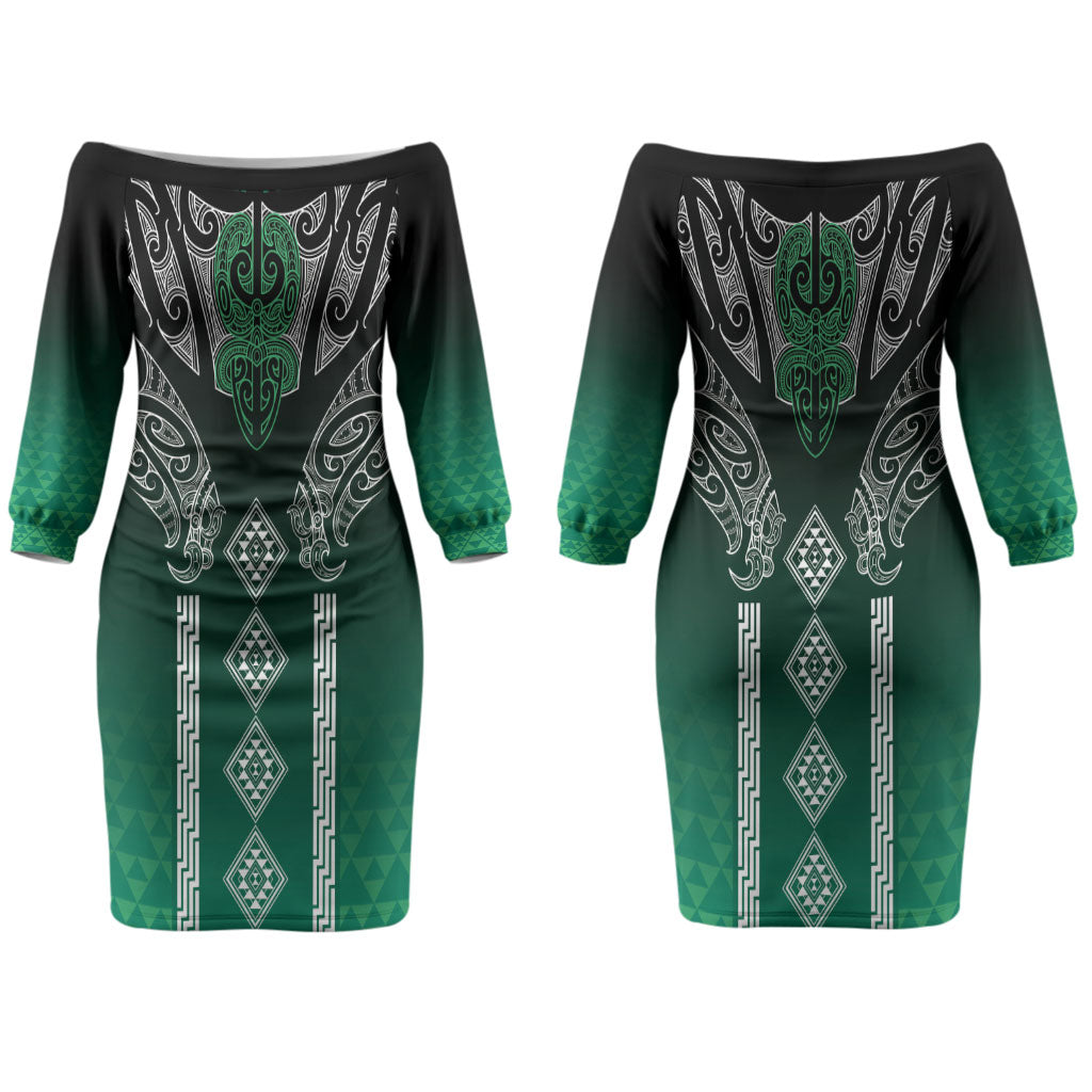 Aotearoa Maori Iwi Heritage Couples Matching Off The Shoulder Long Sleeve Dress and Hawaiian Shirt Ngai Tahu Pounamu Green
