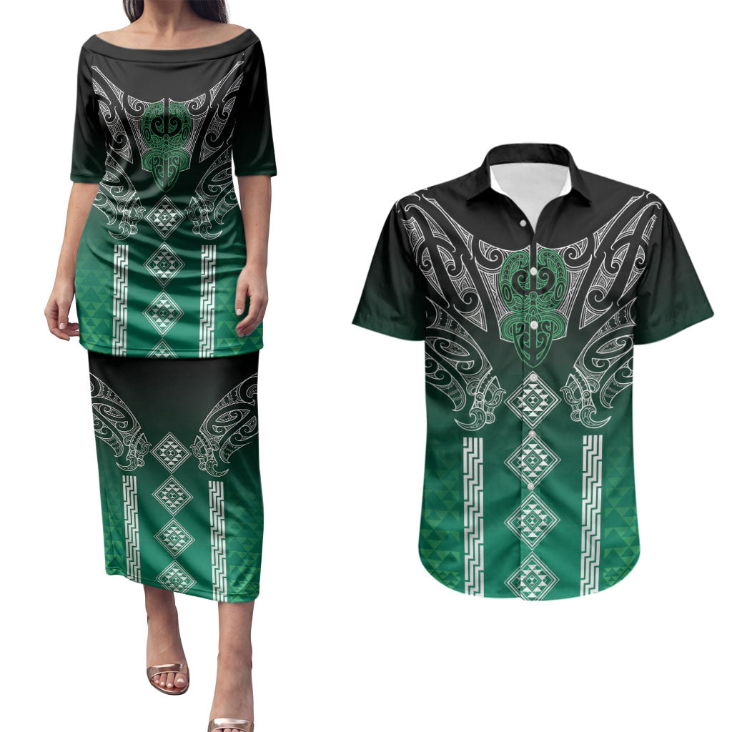 Aotearoa Maori Iwi Heritage Couples Matching Puletasi and Hawaiian Shirt Ngai Tahu Pounamu Green