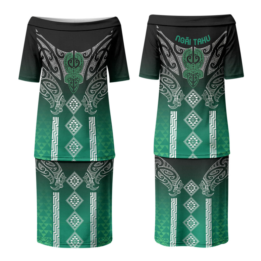 Aotearoa Maori Iwi Heritage Couples Matching Puletasi and Hawaiian Shirt Ngai Tahu Pounamu Green