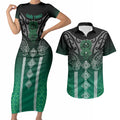 Aotearoa Maori Iwi Heritage Couples Matching Short Sleeve Bodycon Dress and Hawaiian Shirt Ngai Tahu Pounamu Green