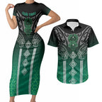 Aotearoa Maori Iwi Heritage Couples Matching Short Sleeve Bodycon Dress and Hawaiian Shirt Ngai Tahu Pounamu Green