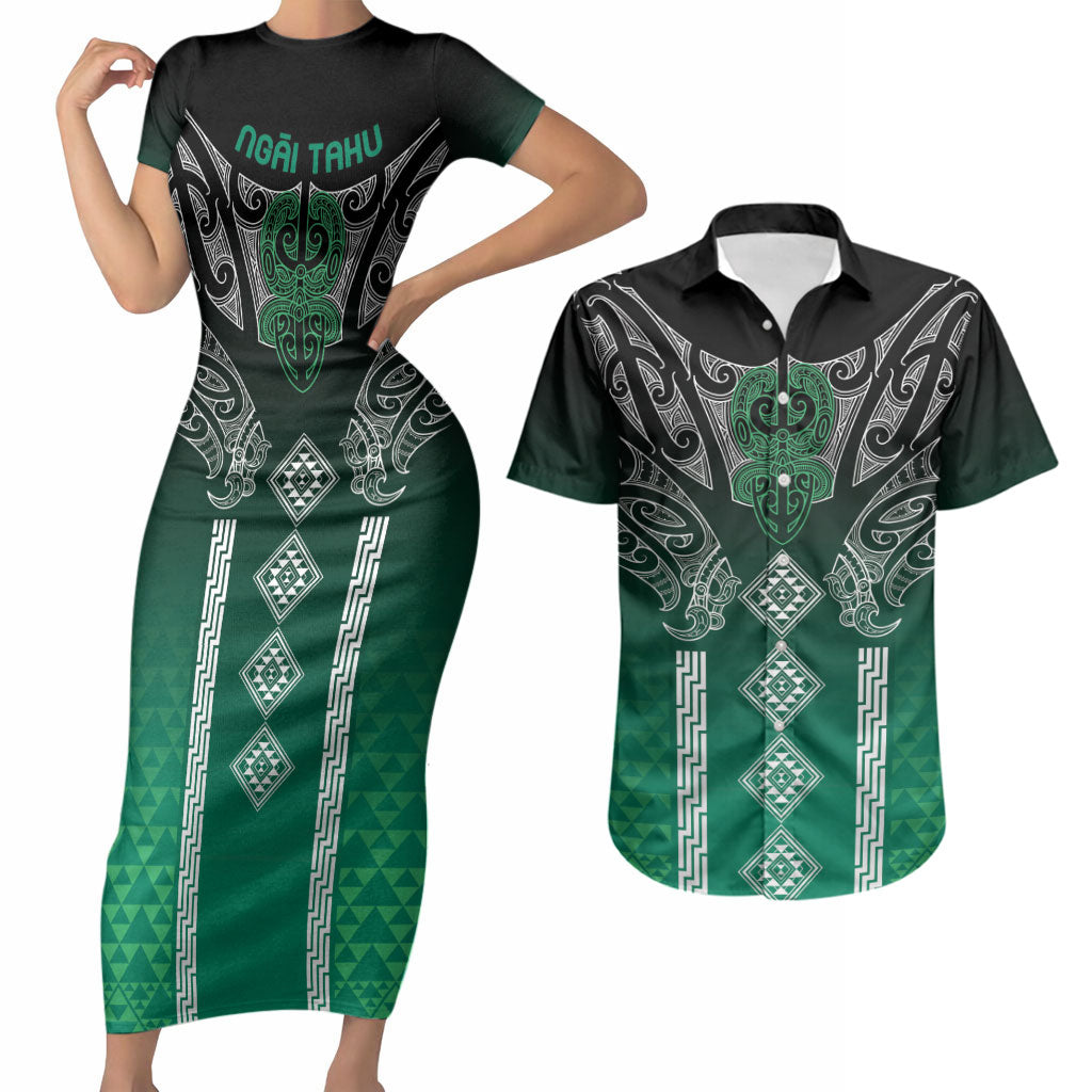 Aotearoa Maori Iwi Heritage Couples Matching Short Sleeve Bodycon Dress and Hawaiian Shirt Ngai Tahu Pounamu Green