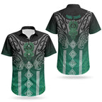 Aotearoa Maori Iwi Heritage Couples Matching Short Sleeve Bodycon Dress and Hawaiian Shirt Ngai Tahu Pounamu Green