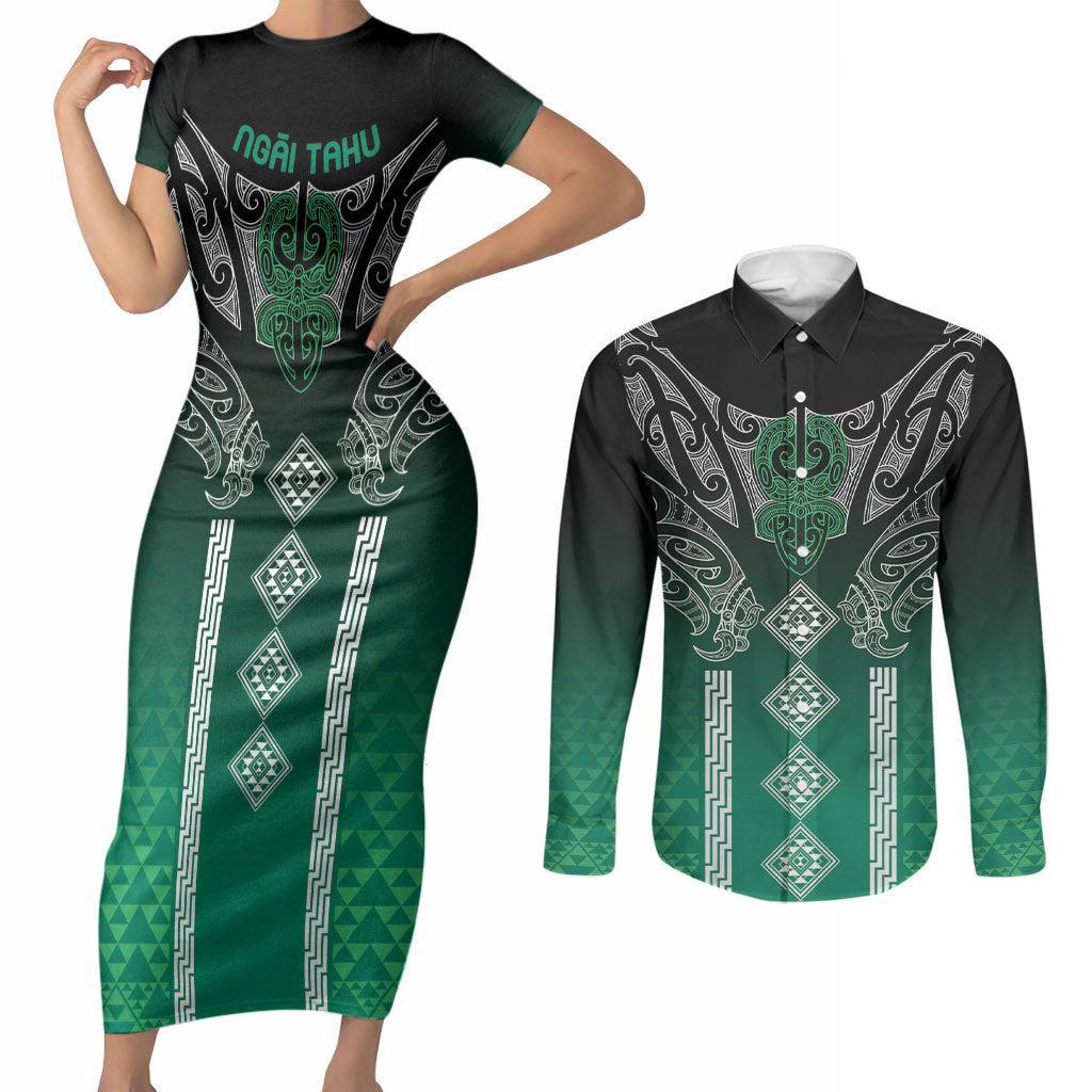 Aotearoa Maori Iwi Heritage Couples Matching Short Sleeve Bodycon Dress and Long Sleeve Button Shirt Ngai Tahu Pounamu Green