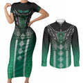 Aotearoa Maori Iwi Heritage Couples Matching Short Sleeve Bodycon Dress and Long Sleeve Button Shirt Ngai Tahu Pounamu Green