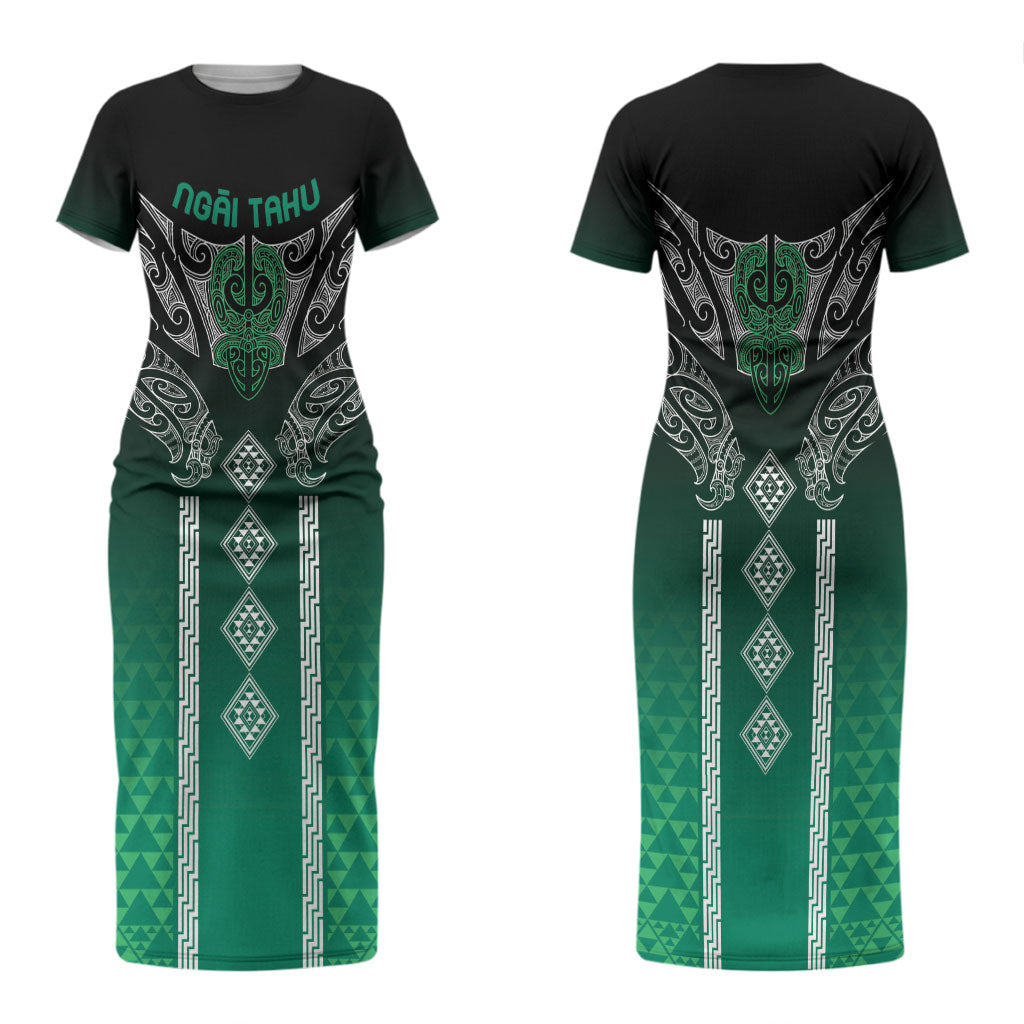 Aotearoa Maori Iwi Heritage Couples Matching Short Sleeve Bodycon Dress and Long Sleeve Button Shirt Ngai Tahu Pounamu Green