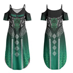 Aotearoa Maori Iwi Heritage Couples Matching Summer Maxi Dress and Hawaiian Shirt Ngai Tahu Pounamu Green
