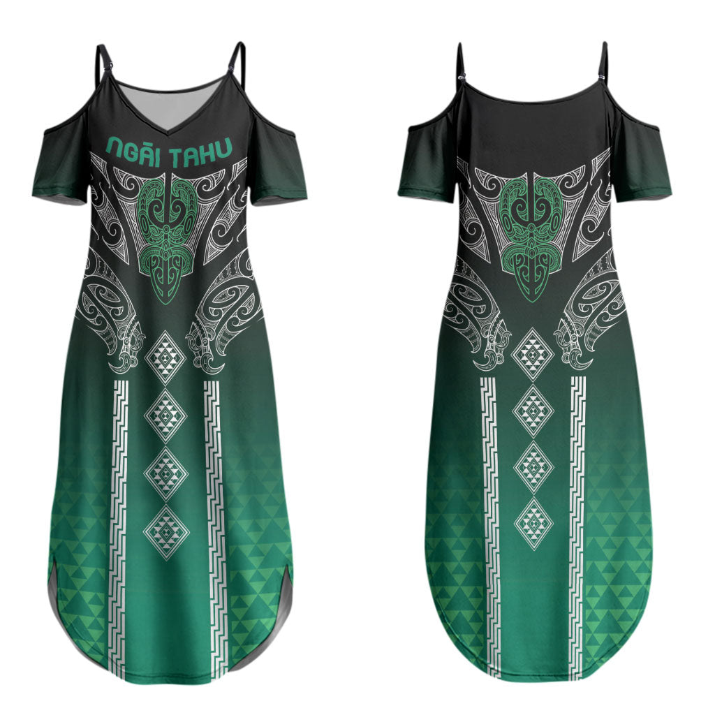 Aotearoa Maori Iwi Heritage Couples Matching Summer Maxi Dress and Long Sleeve Button Shirt Ngai Tahu Pounamu Green