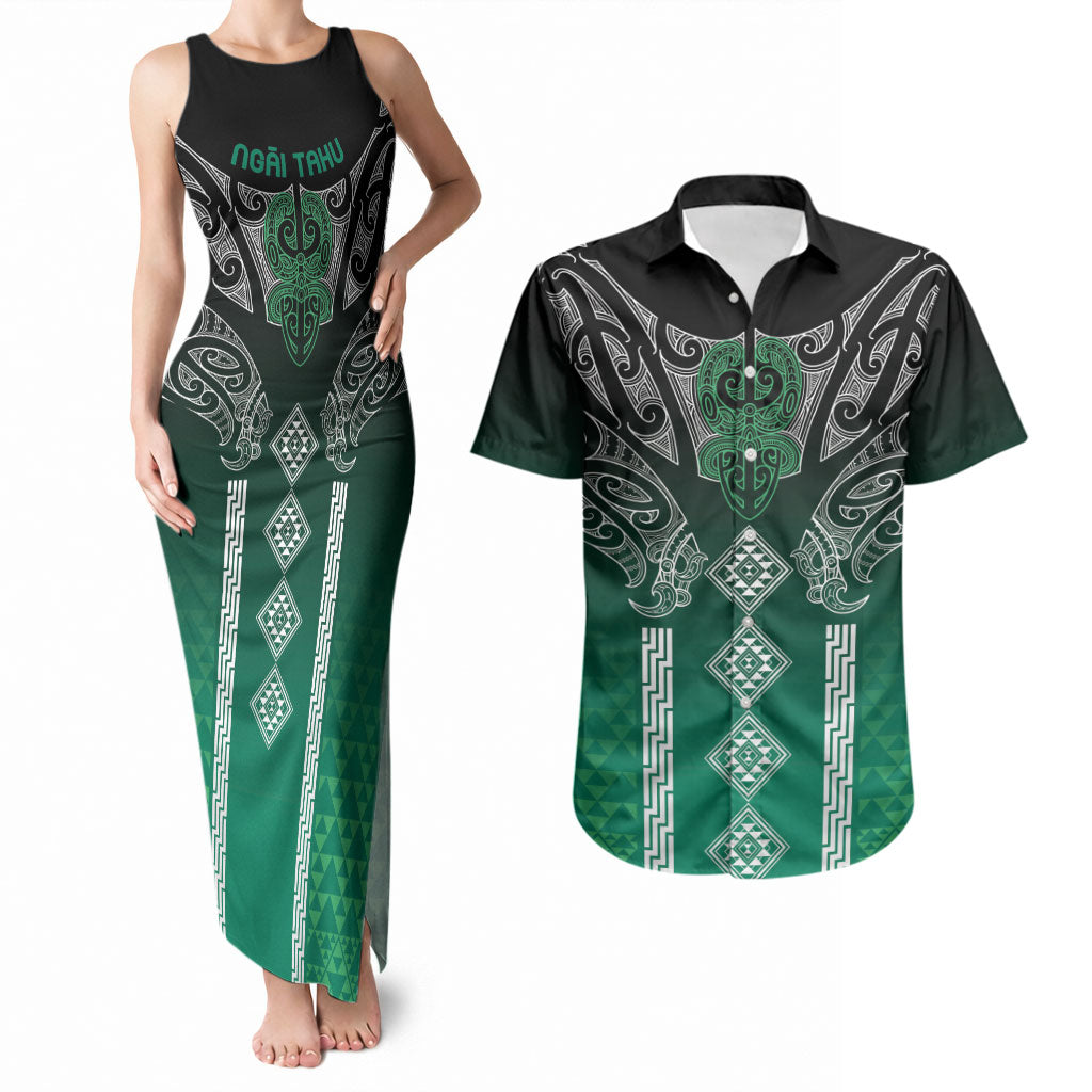Aotearoa Maori Iwi Heritage Couples Matching Tank Maxi Dress and Hawaiian Shirt Ngai Tahu Pounamu Green