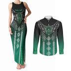 Aotearoa Maori Iwi Heritage Couples Matching Tank Maxi Dress and Long Sleeve Button Shirt Ngai Tahu Pounamu Green