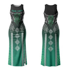 Aotearoa Maori Iwi Heritage Couples Matching Tank Maxi Dress and Long Sleeve Button Shirt Ngai Tahu Pounamu Green