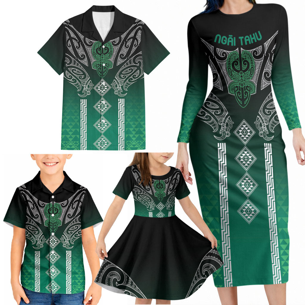 Aotearoa Maori Iwi Heritage Family Matching Long Sleeve Bodycon Dress and Hawaiian Shirt Ngai Tahu Pounamu Green