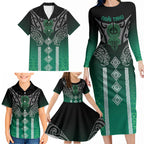 Aotearoa Maori Iwi Heritage Family Matching Long Sleeve Bodycon Dress and Hawaiian Shirt Ngai Tahu Pounamu Green