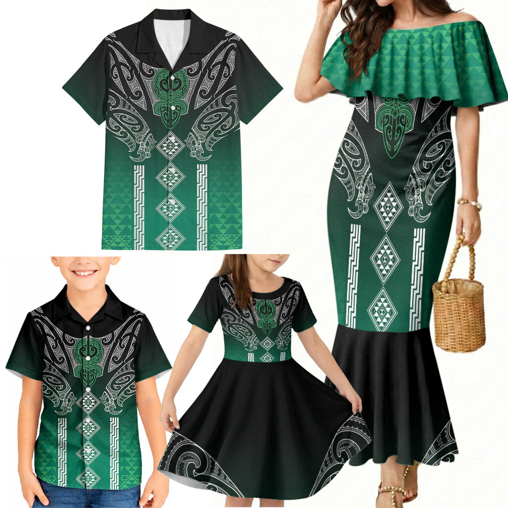 Aotearoa Maori Iwi Heritage Family Matching Mermaid Dress and Hawaiian Shirt Ngai Tahu Pounamu Green