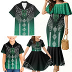 Aotearoa Maori Iwi Heritage Family Matching Mermaid Dress and Hawaiian Shirt Ngai Tahu Pounamu Green