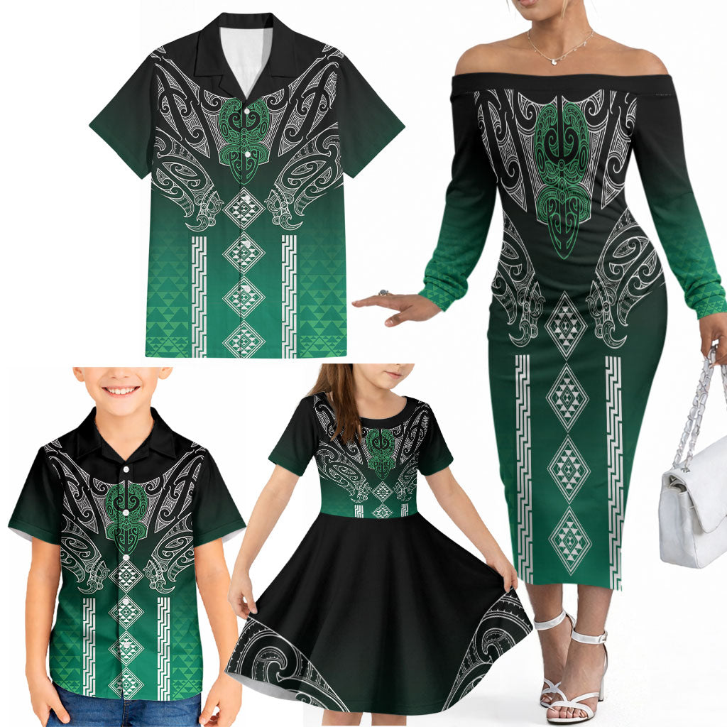 Aotearoa Maori Iwi Heritage Family Matching Off The Shoulder Long Sleeve Dress and Hawaiian Shirt Ngai Tahu Pounamu Green
