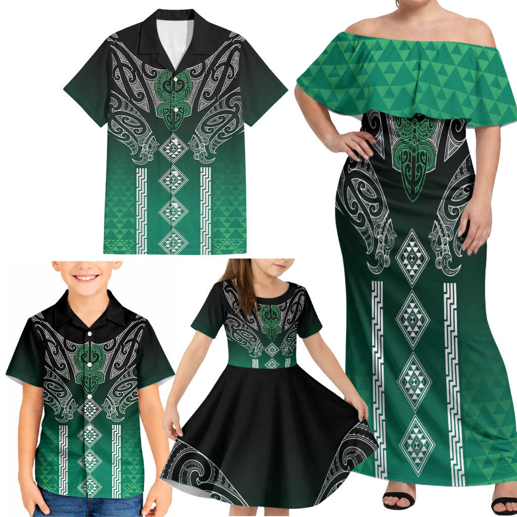 Aotearoa Maori Iwi Heritage Family Matching Off Shoulder Maxi Dress and Hawaiian Shirt Ngai Tahu Pounamu Green
