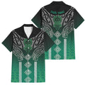 Aotearoa Maori Iwi Heritage Family Matching Off Shoulder Maxi Dress and Hawaiian Shirt Ngai Tahu Pounamu Green