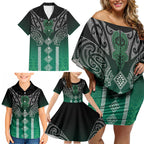 Aotearoa Maori Iwi Heritage Family Matching Off Shoulder Short Dress and Hawaiian Shirt Ngai Tahu Pounamu Green