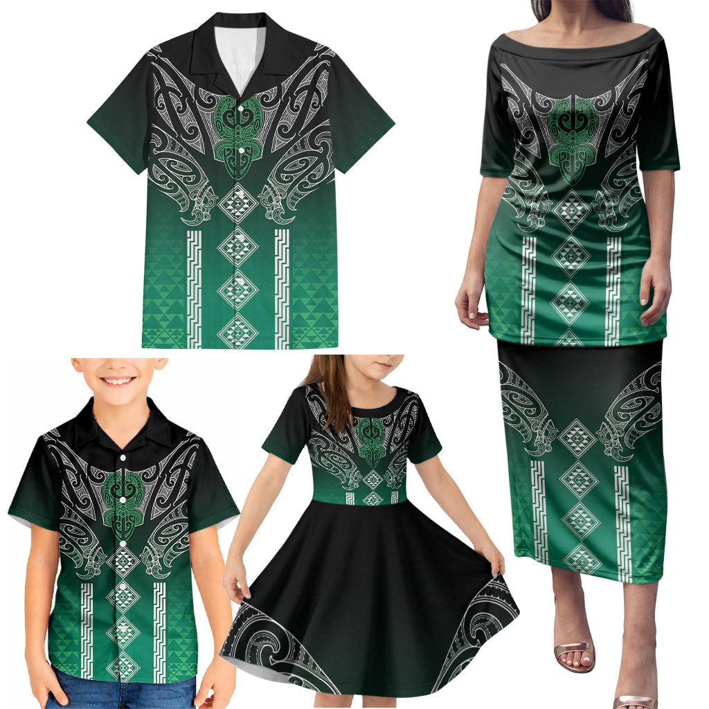 Aotearoa Maori Iwi Heritage Family Matching Puletasi and Hawaiian Shirt Ngai Tahu Pounamu Green