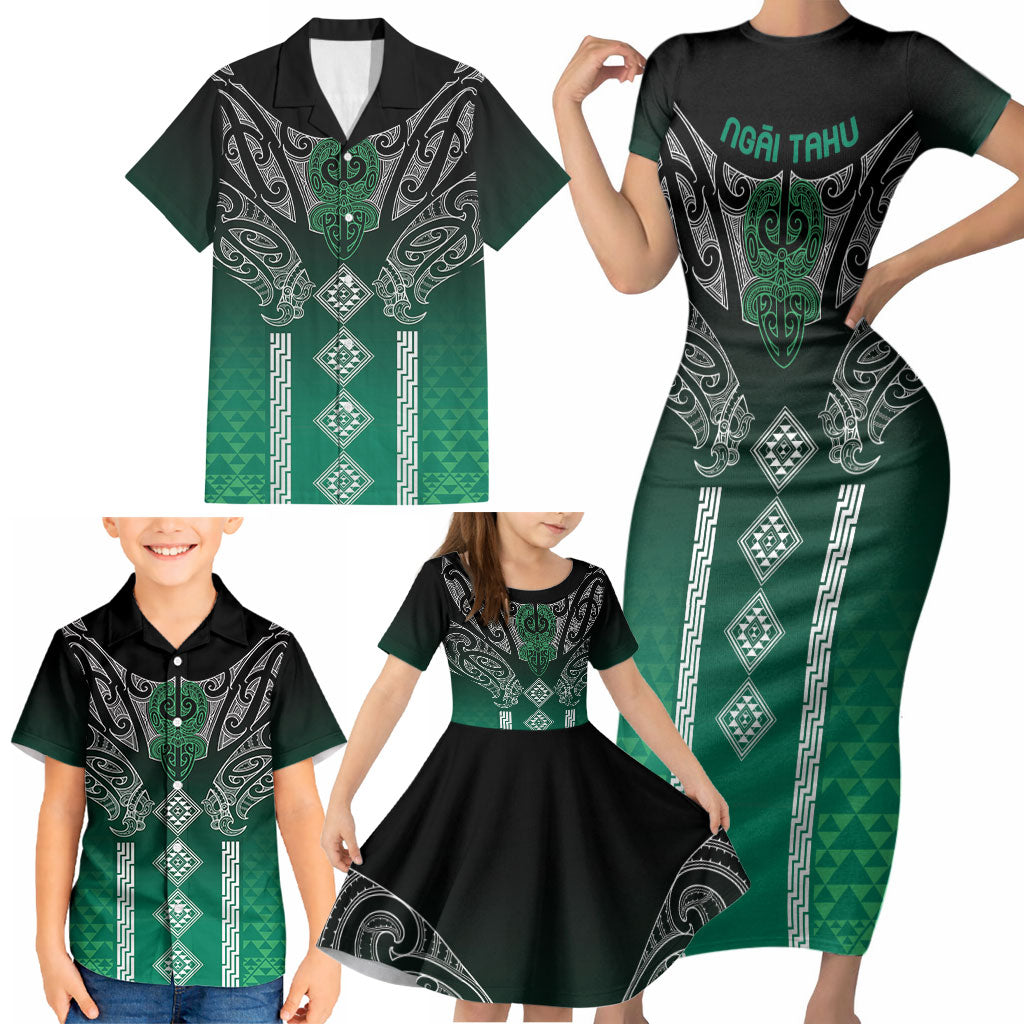 Aotearoa Maori Iwi Heritage Family Matching Short Sleeve Bodycon Dress and Hawaiian Shirt Ngai Tahu Pounamu Green