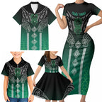 Aotearoa Maori Iwi Heritage Family Matching Short Sleeve Bodycon Dress and Hawaiian Shirt Ngai Tahu Pounamu Green