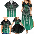Aotearoa Maori Iwi Heritage Family Matching Summer Maxi Dress and Hawaiian Shirt Ngai Tahu Pounamu Green