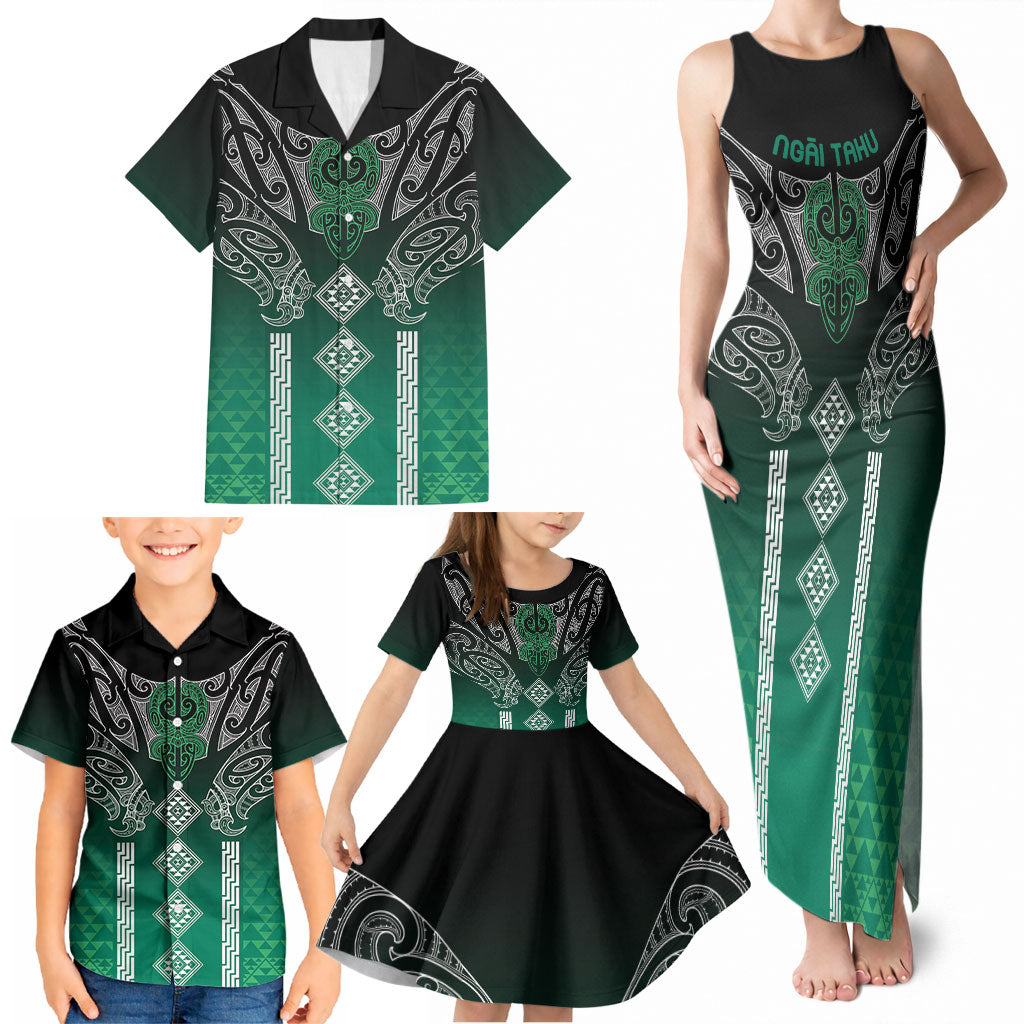 Aotearoa Maori Iwi Heritage Family Matching Tank Maxi Dress and Hawaiian Shirt Ngai Tahu Pounamu Green