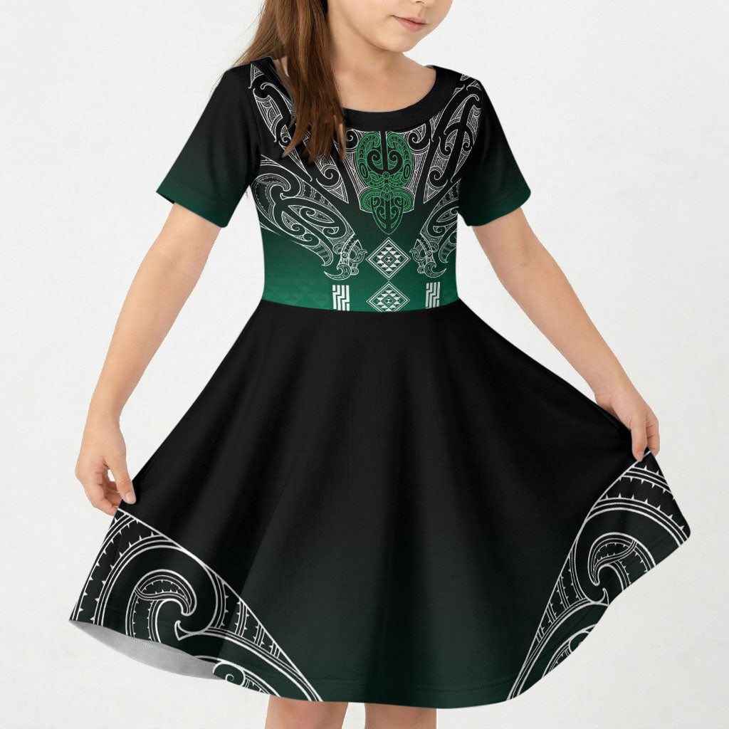 Aotearoa Maori Iwi Heritage Kid Short Sleeve Dress Ngai Tahu Pounamu Green