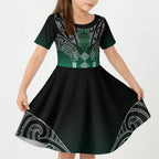 Aotearoa Maori Iwi Heritage Kid Short Sleeve Dress Ngai Tahu Pounamu Green