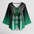 Aotearoa Maori Iwi Heritage Kimono Sleeve Blouse Ngai Tahu Pounamu Green
