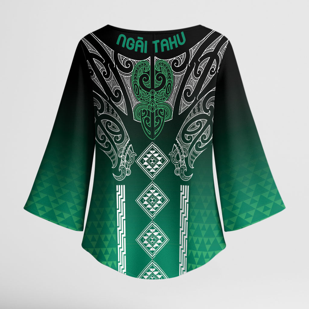Aotearoa Maori Iwi Heritage Kimono Sleeve Blouse Ngai Tahu Pounamu Green