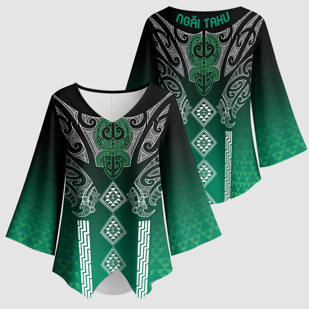 Aotearoa Maori Iwi Heritage Kimono Sleeve Blouse Ngai Tahu Pounamu Green