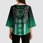 Aotearoa Maori Iwi Heritage Kimono Sleeve Blouse Ngai Tahu Pounamu Green
