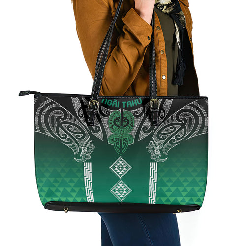 Aotearoa Maori Iwi Heritage Leather Tote Bag Ngai Tahu Pounamu Green