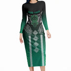 Aotearoa Maori Iwi Heritage Long Sleeve Bodycon Dress Ngai Tahu Pounamu Green