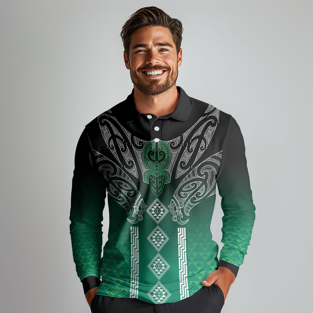 Aotearoa Maori Iwi Heritage Long Sleeve Polo Shirt Ngai Tahu Pounamu Green