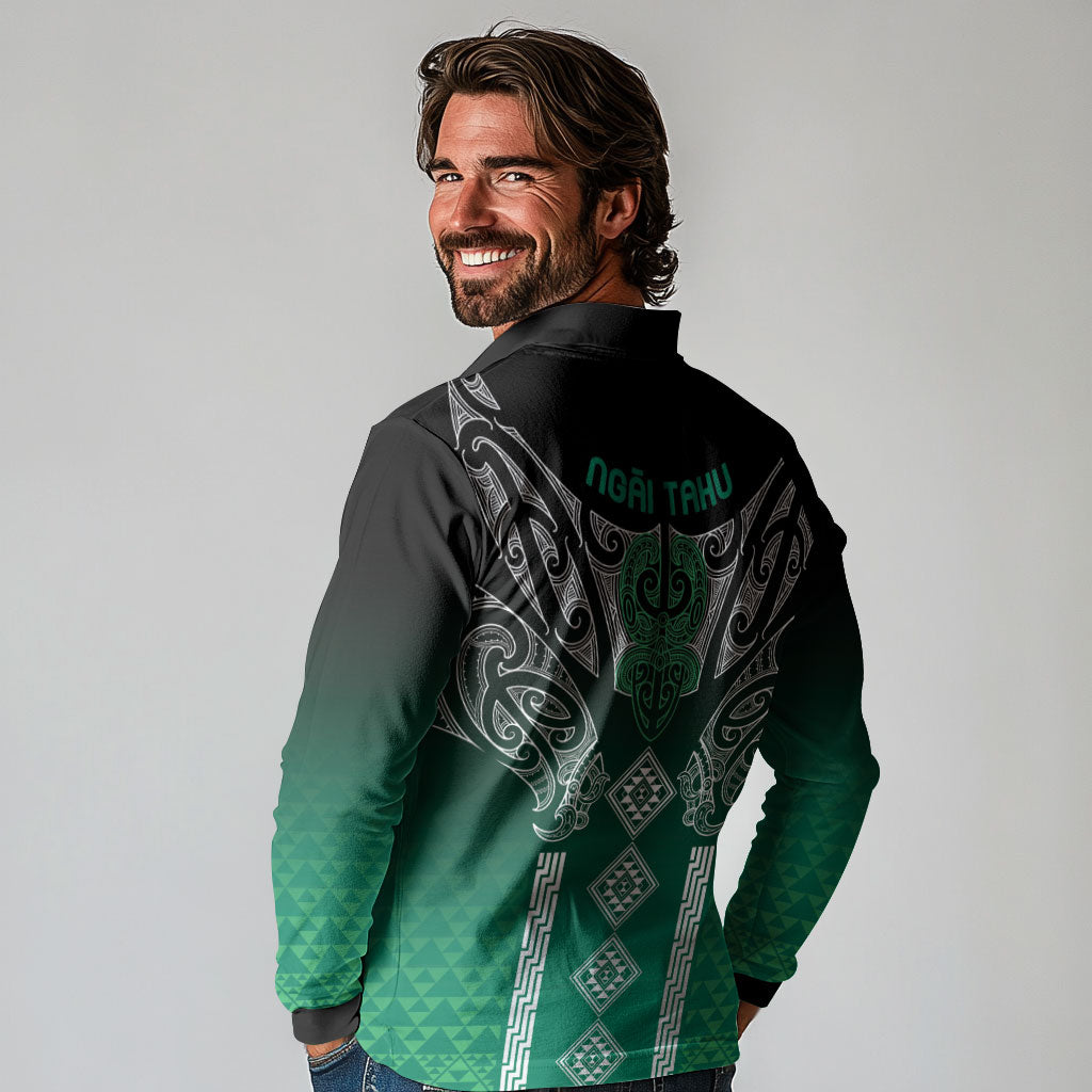 Aotearoa Maori Iwi Heritage Long Sleeve Polo Shirt Ngai Tahu Pounamu Green