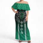 Aotearoa Maori Iwi Heritage Off Shoulder Maxi Dress Ngai Tahu Pounamu Green