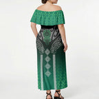 Aotearoa Maori Iwi Heritage Off Shoulder Maxi Dress Ngai Tahu Pounamu Green