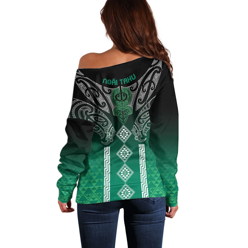 Aotearoa Maori Iwi Heritage Off Shoulder Sweater Ngai Tahu Pounamu Green