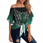 Aotearoa Maori Iwi Heritage Off Shoulder Wrap Waist Top Ngai Tahu Pounamu Green