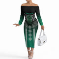 Aotearoa Maori Iwi Heritage Off The Shoulder Long Sleeve Dress Ngai Tahu Pounamu Green