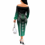 Aotearoa Maori Iwi Heritage Off The Shoulder Long Sleeve Dress Ngai Tahu Pounamu Green