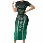 Aotearoa Maori Iwi Heritage Short Sleeve Bodycon Dress Ngai Tahu Pounamu Green